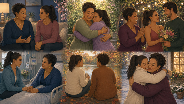 Six scenes show two women talking, hugging, celebrating with a couple, offering hospital support, sitting by a lake, and reuniting.