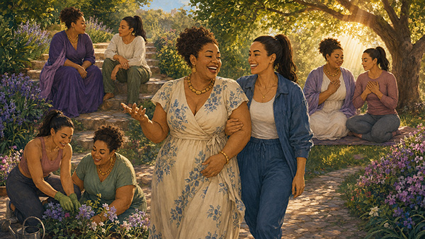Two women laughing, talking, gardening, and sitting together in a sunlit flower garden.