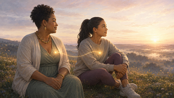 Two women sitting on a grassy hill at sunrise with a golden line connecting glowing points over their hearts.