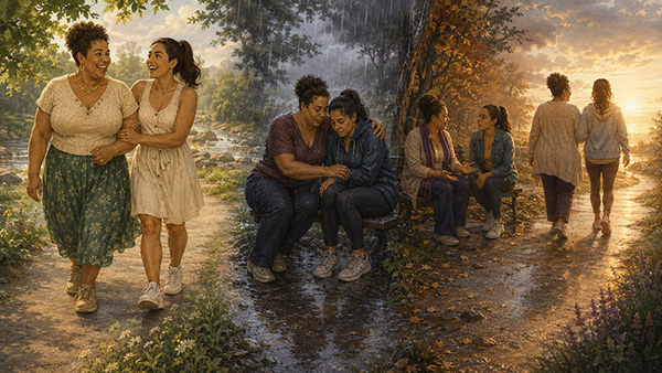 Two women shown laughing, embracing in the rain, talking on a bench, and walking toward a sunset.