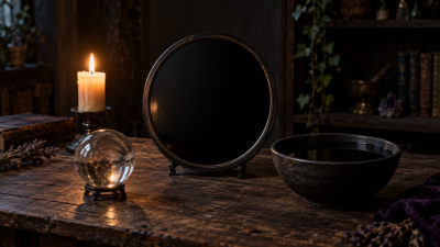 Scrying arrangement with a round black mirror, clear sphere, lit candle, dark water bowl, books, and herbs on a wooden table.