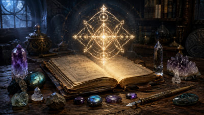 Sigil magic arrangement with a luminous geometric symbol above an aged open book surrounded by crystals, gemstones, and a fountain pen.