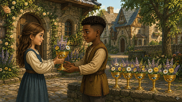 Two children exchanging a flower-filled golden cup beside five matching cups in a sunny medieval village.