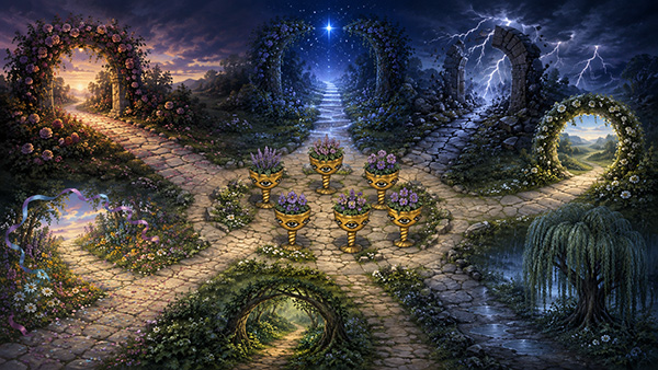 Six flower-filled golden cups surrounded by branching paths leading through bright gardens, a starry passage, and a storm.