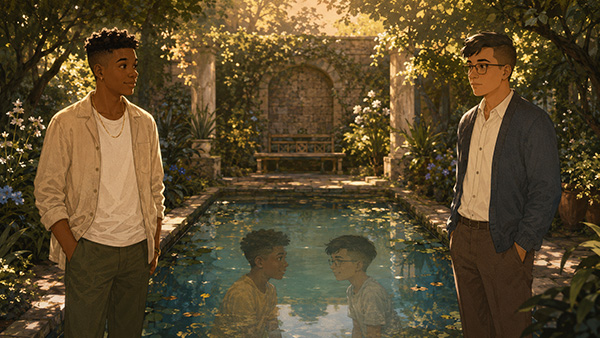 Two men facing each other across a garden pond, with their younger selves reflected in the water.