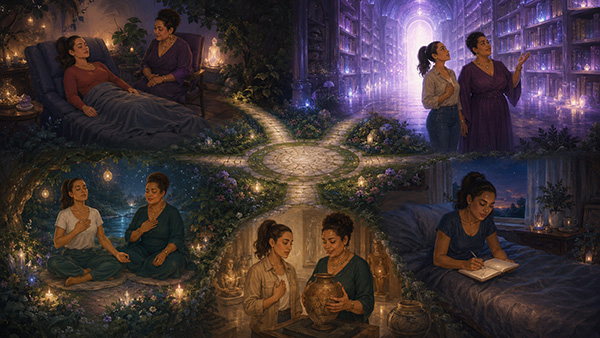 Collage showing a regression session, a glowing library, two women meditating, a museum visit, and a woman writing in a bedside journal.