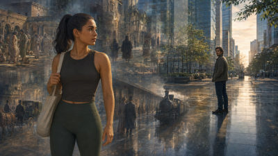 Woman standing in a modern city as transparent ancient, medieval, and industrial-era street scenes surround her, with a man in the distance.