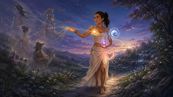 Woman walking along a twilight path as golden threads connect her to four translucent historical figures and glowing symbols surround her body.