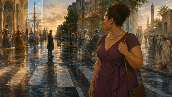 Woman on a modern crosswalk looking toward overlapping scenes of an ancient city, a historic port, and a café from another era. Who Was I in My Past Life?