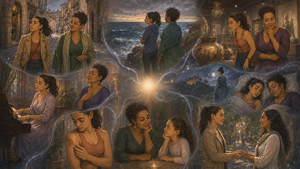 Spiritual collage of two women encountering an old street, a stormy sea, museum pottery, piano playing, a birthmark, dreams, a child, and an unfamiliar woman.
