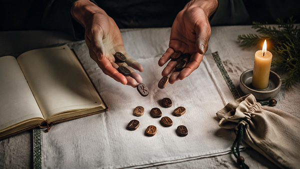 Nordic runes falling from two open hands onto a white cloth beside an open journal, lit candle, greenery, and drawstring pouch.