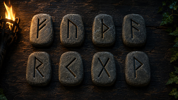 Eight Nordic runes carved into dark stone pieces arranged on wooden boards beside a flame and green ivy.