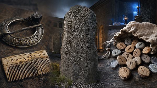 Nordic runes carved into a metal ornament, wooden comb, tall stone monument, and small wooden and stone pieces beside a cloth pouch.