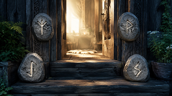 Four Nordic runes carved into large stones surrounding the illuminated entrance of a dark wooden house with ferns and flowers.