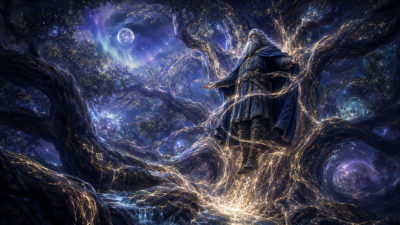 Nordic runes glow across a vast tree around a white-bearded robed figure beneath a full moon and violet night sky.
