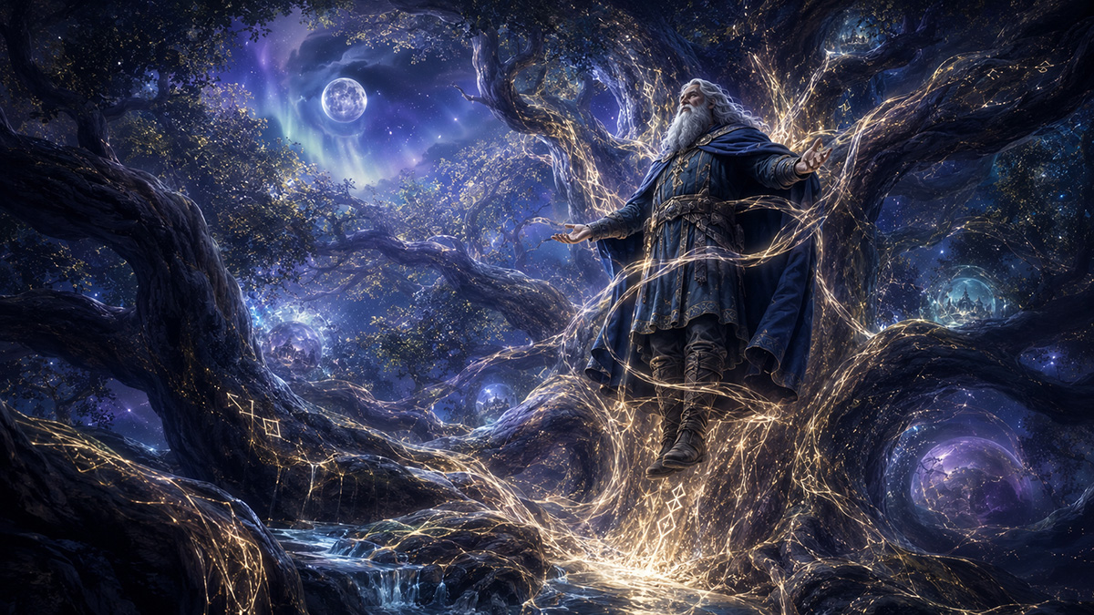 Nordic runes glow across a vast tree around a white-bearded robed figure beneath a full moon and violet night sky.