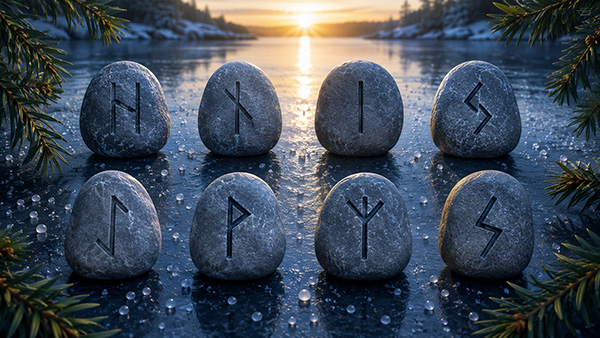 Eight Nordic runes carved into rounded stones arranged on a frozen lake at sunrise, framed by evergreen branches and scattered ice pellets.