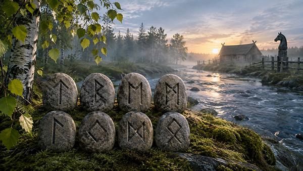 Eight Nordic runes carved into upright stones beside a birch tree, flowing river, wooden house, and horse-shaped post at sunrise.