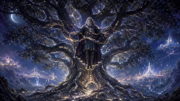 Nordic runes illuminate a colossal tree surrounding a suspended white-bearded figure, with glowing cities beneath a starry sky.
