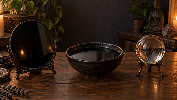 Scrying tools on a wooden table, including an oval black mirror, dark water bowl, clear sphere, candles, plants, and a small statue.