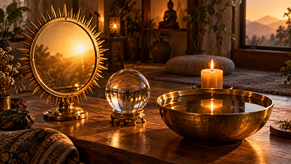 Scrying setup with a sunburst mirror reflecting the sunset, clear sphere, brass water bowl, and lit candle in a meditation room.