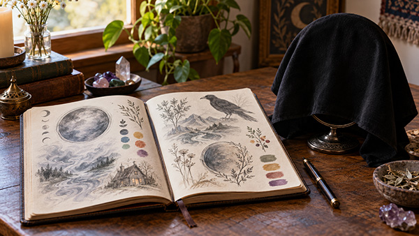 Scrying study scene with an open illustrated journal of moons, plants, a bird, and landscapes beside a cloth-covered round object, crystals, herbs, and a pen.