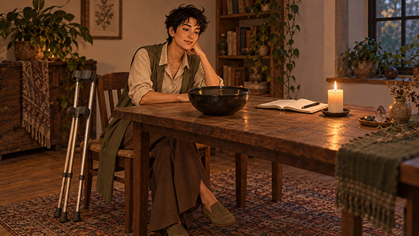 Woman practicing scrying at a wooden table with a black water bowl, open notebook, candle, crystals, and crutches beside her chair.