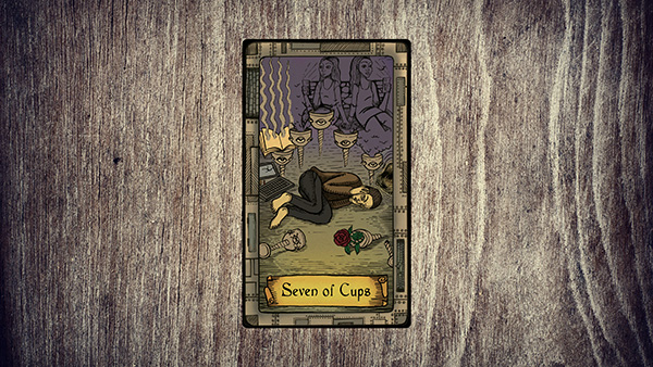 The Seven of Cups Tarot Card in the Conspiracy Tarot shows someone in agony surrounded by broken cups. An old memory seems to be hunting him.