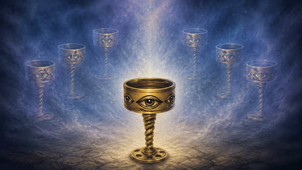 Seven of cups tarot card meaning illustration of one solid golden chalice centered before six faded chalices in blue mist.