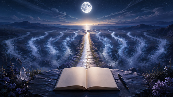Seven of cups tarot meditation illustration of an open blank journal, pen, and crystals overlooking seven glowing paths beneath a full moon.