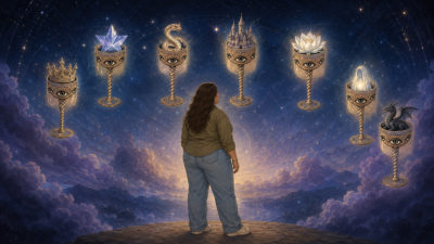 Seven of cups tarot card meaning illustration of a woman facing seven floating golden chalices containing a crown, crystal, snake, castle, lotus, luminous figure, and dragon.