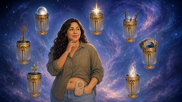 Seven of cups tarot card meaning illustration of a thoughtful woman with an ostomy pouch surrounded by seven floating cups holding a key, moon, plant, star, butterfly, bridge, and white flame.