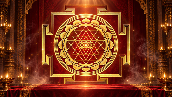 Sri Yantra outlined in gold over a deep red background, surrounded by ornate columns, oil lamps, and incense smoke.