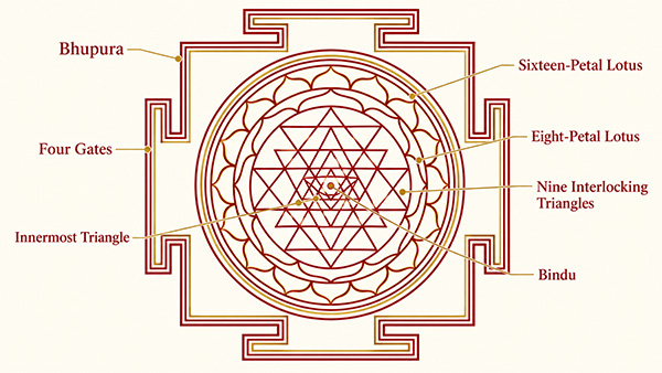 Labeled Sri Yantra diagram identifying the bhupura, four gates, two lotus rings, nine interlocking triangles, inner triangle, and bindu.