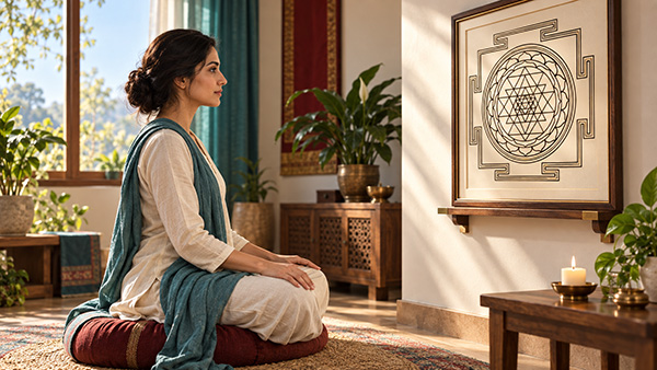 Woman seated cross-legged on a cushion facing a framed Sri Yantra in a sunlit room with plants and a burning candle.
