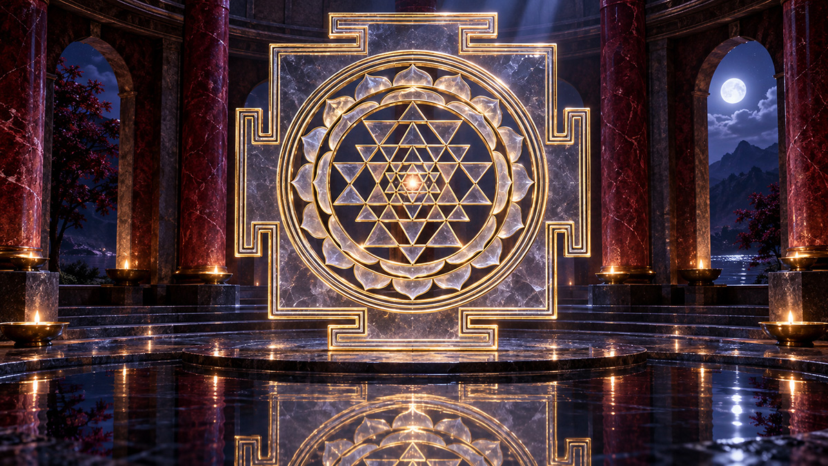 Your Daily Dose of Light 25 Sri Yantra glowing in gold and crystal tones inside a dark marble temple with candles, arched windows, and a full moon.